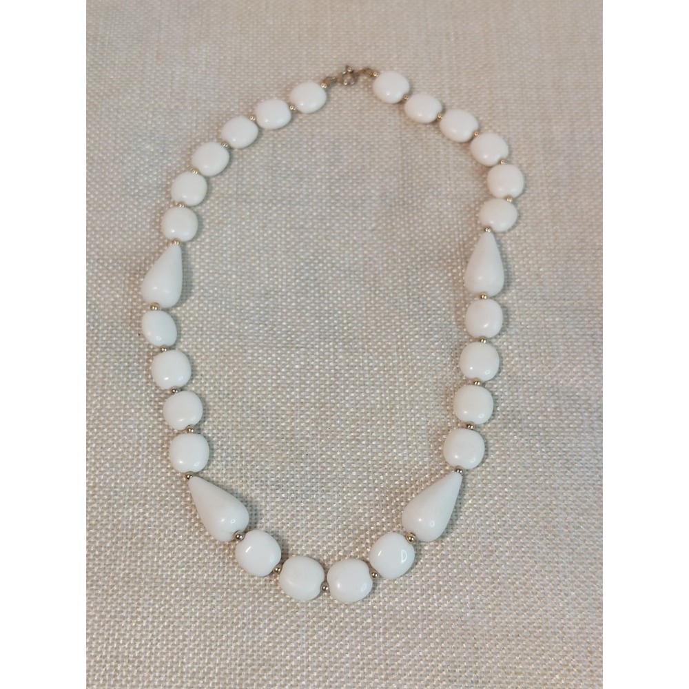 Vintage White Milk Lucite Bead Necklace Teardrop Statement 1950s 60s Mid Century